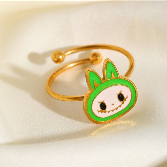 18K Gold Plated Green Enamel Labubu Theme Ring No Fade Zimomo The Monsters - Picture 1 of 4